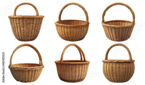 Fototapeta Set of woven baskets in various shapes isolated on transparent background