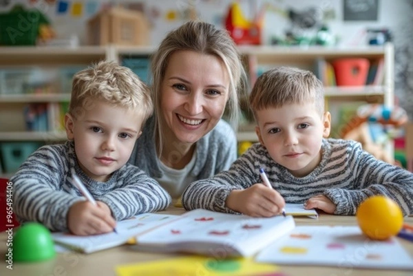 Fototapeta Happy Family Moment with Twins Studying at Home