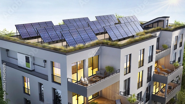 Obraz Modern residential building with solar panels and storage batteries