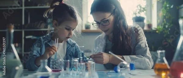 Obraz A mother and daughter engaged in a fun and educational science experiment, surrounded by laboratory equipment at a brightly lit home.