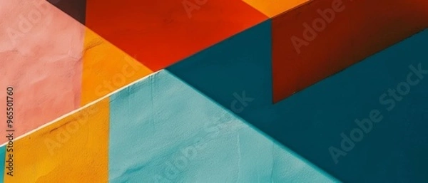Fototapeta Angular shadows and vibrant colors form a modern, abstract architectural composition, creating an engaging visual interplay of light and form.