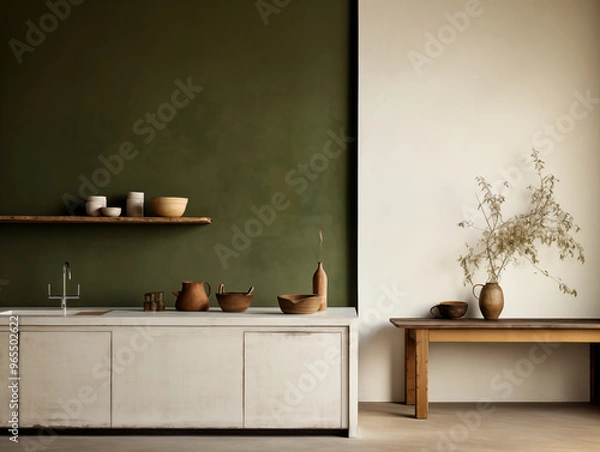 Fototapeta Wabi sabi and japandi japanese style rustic interior in forest green, white and neutral with wood, pottery and texture elements