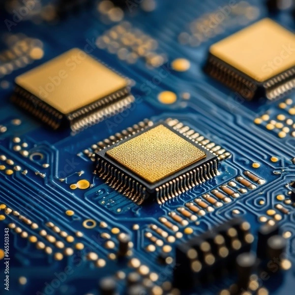 Fototapeta Gold microchips on a blue circuit board, illustrating the significance of gold in modern technology and its integration within electronic systems and devices