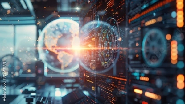 Fototapeta Futuristic digital interface with glowing charts and a view of Earth, showcasing advanced technology and innovation.
