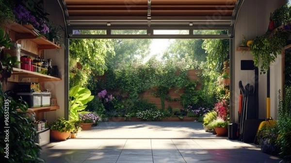 Fototapeta Open garage door reveals a lush backyard garden with a wooden fence and a patio.