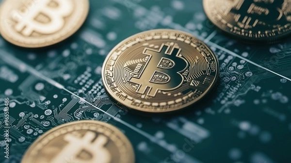 Fototapeta Secure Global Currency Transactions in Blockchain Grid - with Copy Space, Selective Focus,