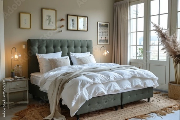 Fototapeta Scandinavian-style bedroom with soft grey fabric boxspring, white linen sheets, green wooden frame, and neutral-colored walls and carpet flooring.