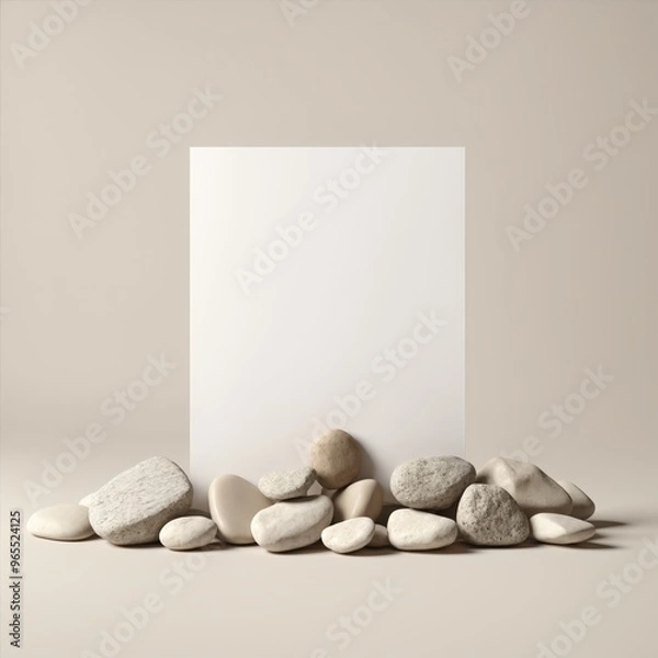 Fototapeta White blank card mockup with rocks, minimalist design