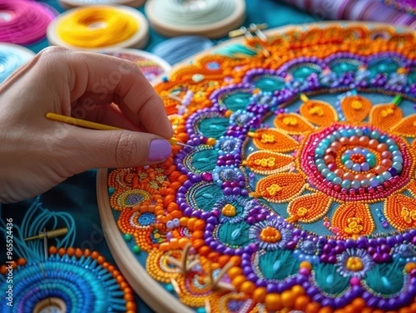 Fototapeta A hand placing beads into a mandala design on fabric, with embroidery hoops, needles, and vibrant threads laid out neatly on a clear table.