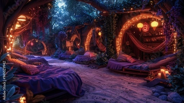 Fototapeta Beautifully decorated chill-out area at a psy trance festival, with hammocks and psychedelic art