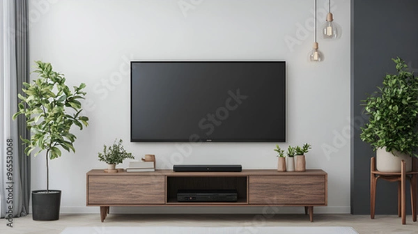 Fototapeta Create a mockup of a TV wall mounted in a living area with décor