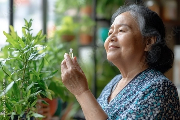 Fototapeta An elderly woman sits contently at home, holding a small bottle of homeopathic oil drops