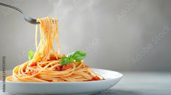 Fototapeta Elegant Fork Twirling Spaghetti with Tomato Sauce and Fresh Basil - Delicious Pasta Dish Captured with Rich Colors and Strands of Flavor Against Simple Background