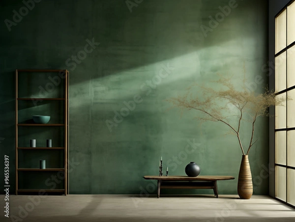 Fototapeta Wabi sabi and japandi japanese style rustic interior in forest green, white and neutral with wood, pottery and texture elements