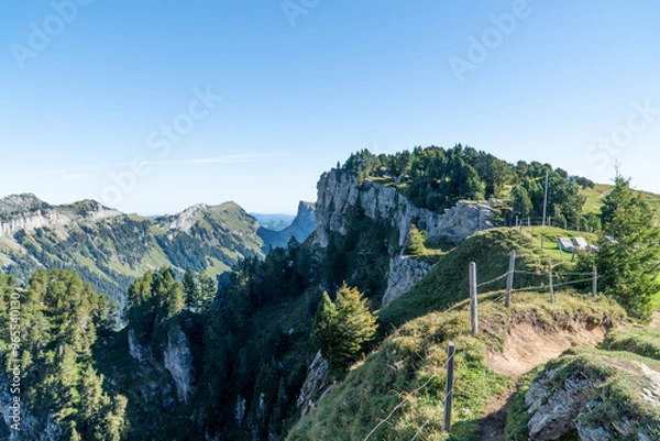 Fototapeta View down into the Justistal from a peak high above