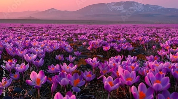 Fototapeta A vibrant field of saffron crocuses in full bloom, their delicate purple flowers carpeting the landscape. The golden stamens of the crocuses, which produce the valuable saffron spice, glow in 