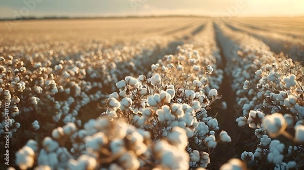 Obraz A vast field of cotton plants in full bloom, with fluffy white bolls covering the landscape like a blanket of snow. The crisp, clean lines of the rows create a sense of order and beauty in nature's 