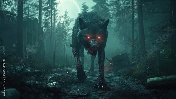 Fototapeta A horrifying zombie wolf with torn fur and glowing eyes, prowling through a shadowy, moonlit forest.