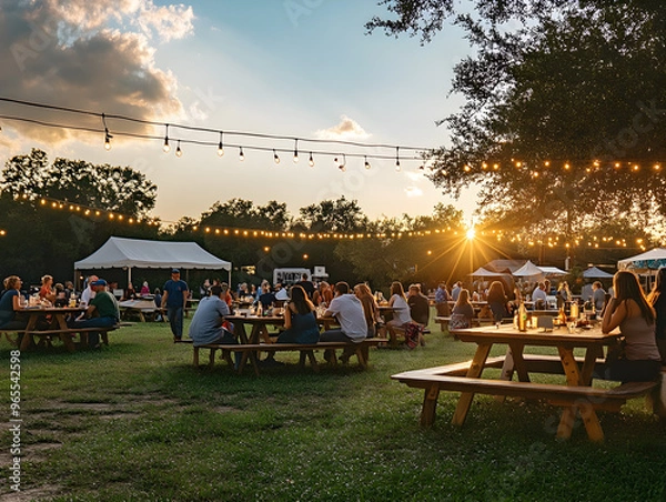 Fototapeta Twilight Outdoor Gathering in Vibrant Green Field with Picnic-Style Wooden Tables, Groups Engaged in Lively Conversation and Laughter Under Warm Golden Sunset Glow Behind Trees