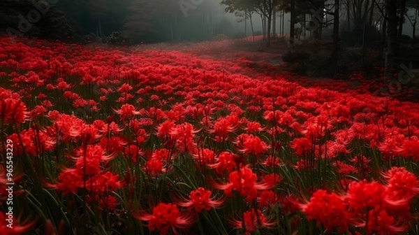 Fototapeta A striking field of red spider lilies (Lycoris radiata) in full bloom, creating a sea of crimson in a Japanese autumn landscape. The vibrant flowers stand out against the muted tones of the 