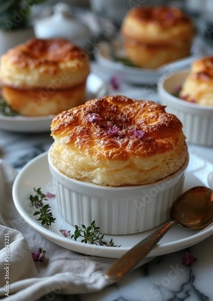 Fototapeta Souffle A perfectly risen cheese souffle with a golden, fluffy top. Served in a white ramekin on a matching plate