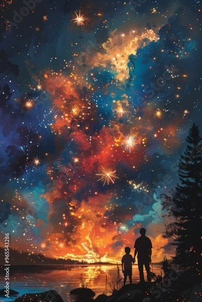 Fototapeta A vivid night sky full of stars and galaxies, with two people standing by a serene lake, marveling at the cosmic display.