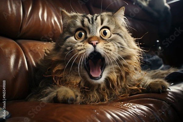 Fototapeta veru scared cat on a broken couch