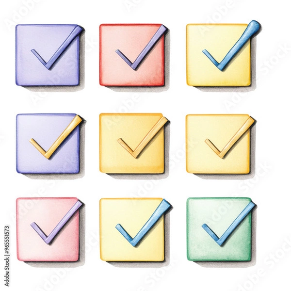 Fototapeta Colorful checklist graphic with various check marks, ideal for tasks, organization, and productivity themes.