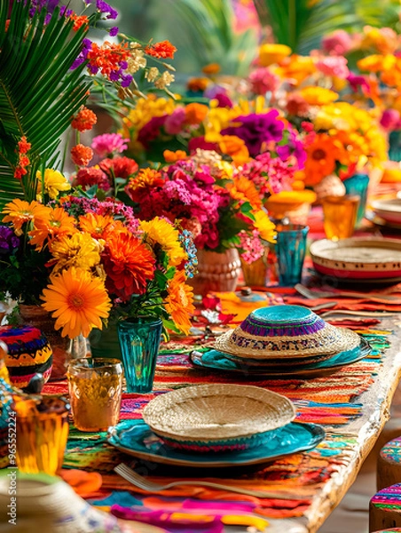 Fototapeta A festive Mexican table setting adorned with vivid flowers, traditional decor, and bright patterns, creating a lively celebration atmosphere