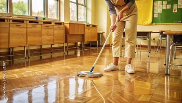 Obraz School janitor cleaning classroom floor for a fresh and tidy environment