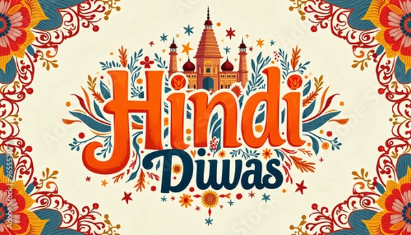 Obraz Hindi Diwas Typography Art with Cultural Patterns and Indian Monuments