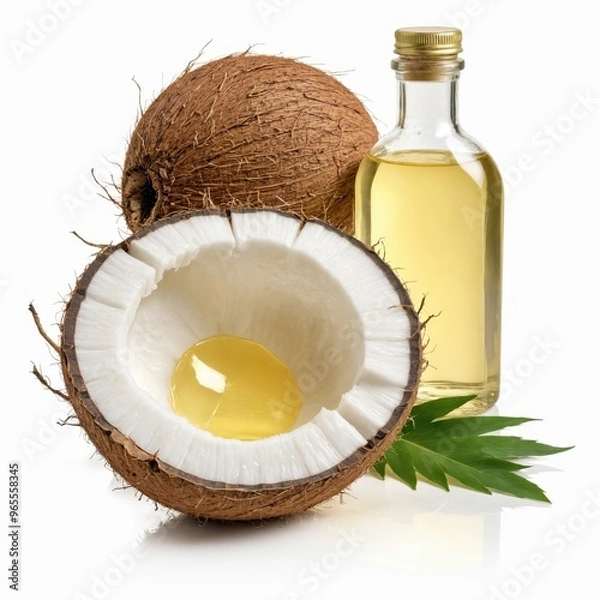 Obraz A coconut with a partially opened shell and partially filled interior, surrounded by a bottle of oil and a green leaf, is set against a white background, creating a visually appealing composition.
