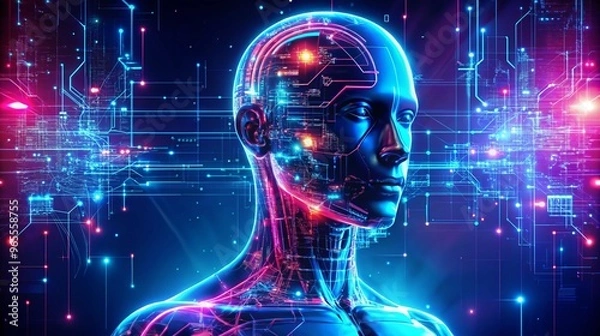 Fototapeta this image depicts a futuristic digital human figure illuminated with vibrant neon lighting highlighting intricate circuit patterns representing advanced artificial intelligence and neural networks.