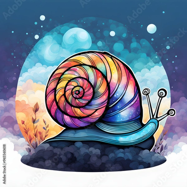 Obraz Watercolor snail, beautiful iridescent snail with fantasy aura, modern sticker design, minimalist print design. Generated AI