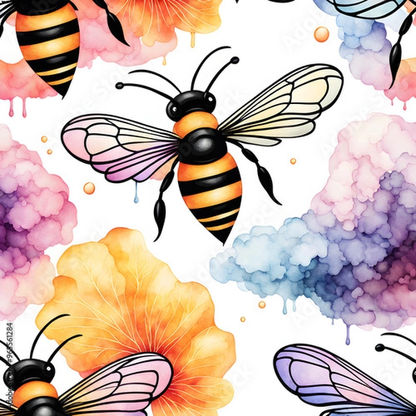 Obraz Watercolor bee closeup art decor, fantasy, dreamy design, colorful insect sticker, nursery. Generated AI
