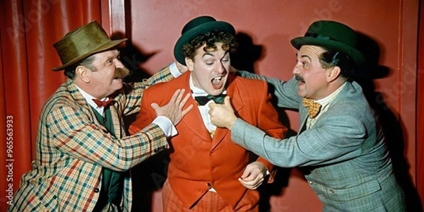 Fototapeta Classic slapstick comedy scene with three playful clowns in vintage attire