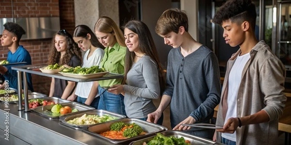 Obraz Students in cafeteria line choosing healthy lunch options