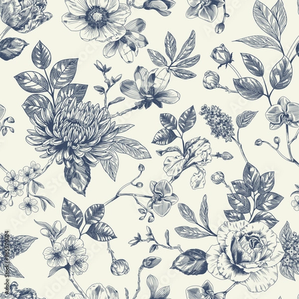 Fototapeta Abstract modern floral seamless pattern with hand drawn flower in Toile de jouy style. Retro elegance repeat print. Vintage design for fabric, wallpaper or wrapping