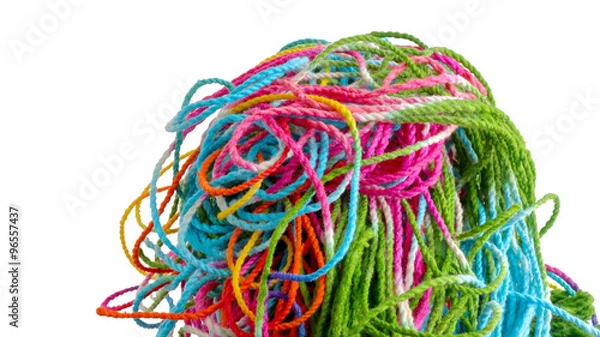 Obraz Tangled colorful sewing threads on white background.