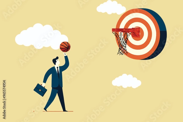 Fototapeta Illustration of a businessman holding a basketball and ready to throw it at the target