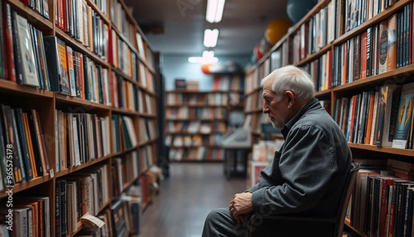 Fototapeta A old Man siting in a Quiet Bookstore  with a Thoughtful Expression Amidst the Shelves of Books