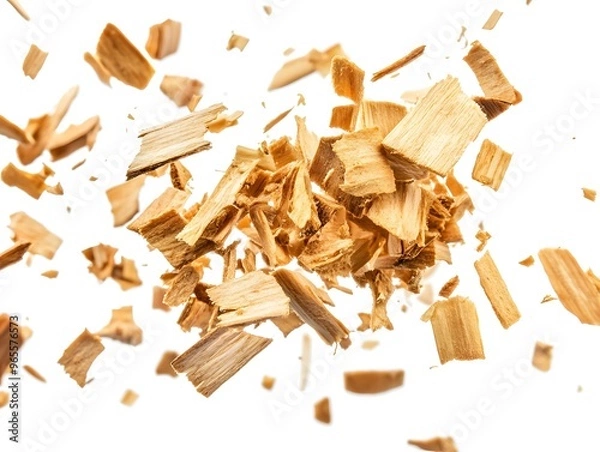 Fototapeta A scattering of wood shavings, isolated on a white background.