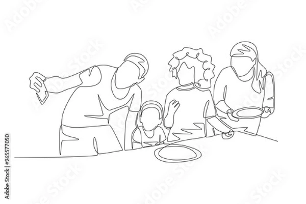 Fototapeta The family took photos before eating together. Eating together with their family at the kitchen table concept one-line drawing