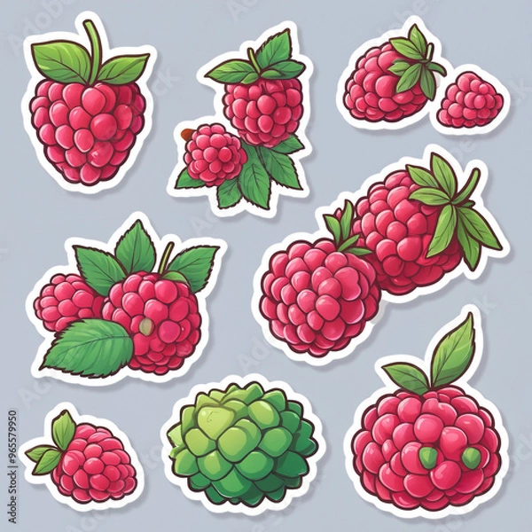 Obraz Watercolor raspberry fruits, sticker design, cartoon illustration, forest fruits design. Generated AI