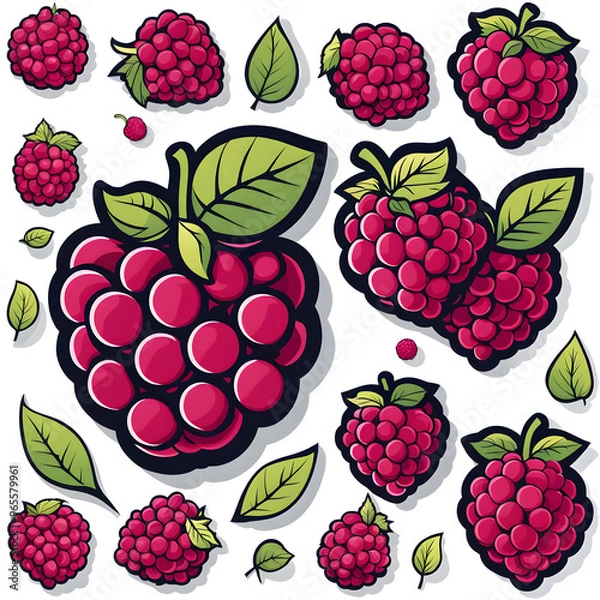 Fototapeta Watercolor raspberry fruits, sticker design, cartoon illustration, forest fruits design. Generated AI