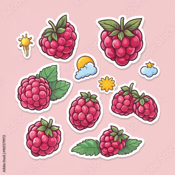 Fototapeta Watercolor raspberry fruits, sticker design, cartoon illustration, forest fruits design. Generated AI