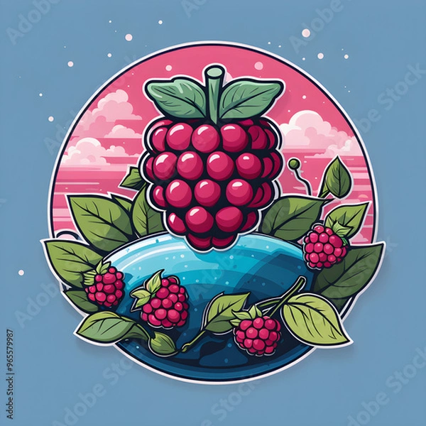 Fototapeta Watercolor raspberry fruits, sticker design, cartoon illustration, forest fruits design. Generated AI