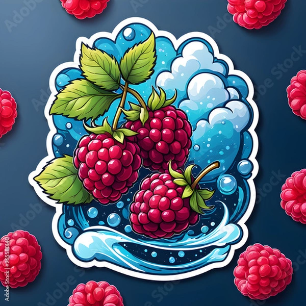 Obraz Watercolor raspberry fruits, sticker design, cartoon illustration, forest fruits design. Generated AI