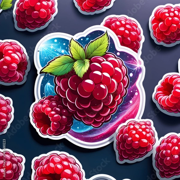 Fototapeta Watercolor raspberry fruits, sticker design, cartoon illustration, forest fruits design. Generated AI