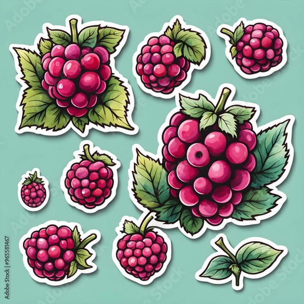 Fototapeta Watercolor raspberry fruits, sticker design, cartoon illustration, forest fruits design. Generated AI